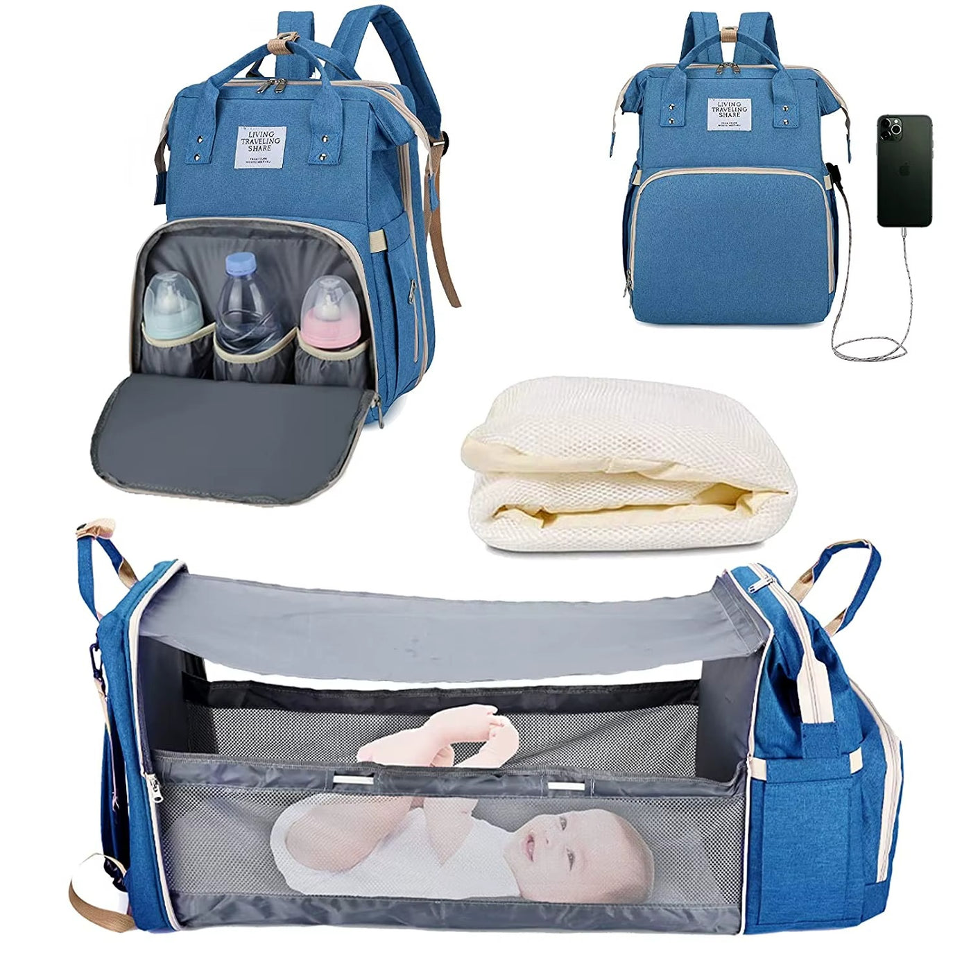 🎒 תיק חיתולים 3 ב-1 – תיק גב + מיטה ניידת + תחנת טעינה