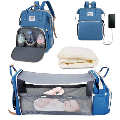 🎒 תיק חיתולים 3 ב-1 – תיק גב + מיטה ניידת + תחנת טעינה