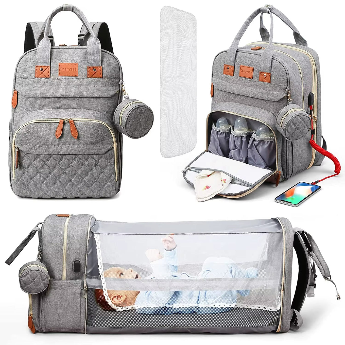 🎒 תיק חיתולים 3 ב-1 – תיק גב + מיטה ניידת + תחנת טעינה