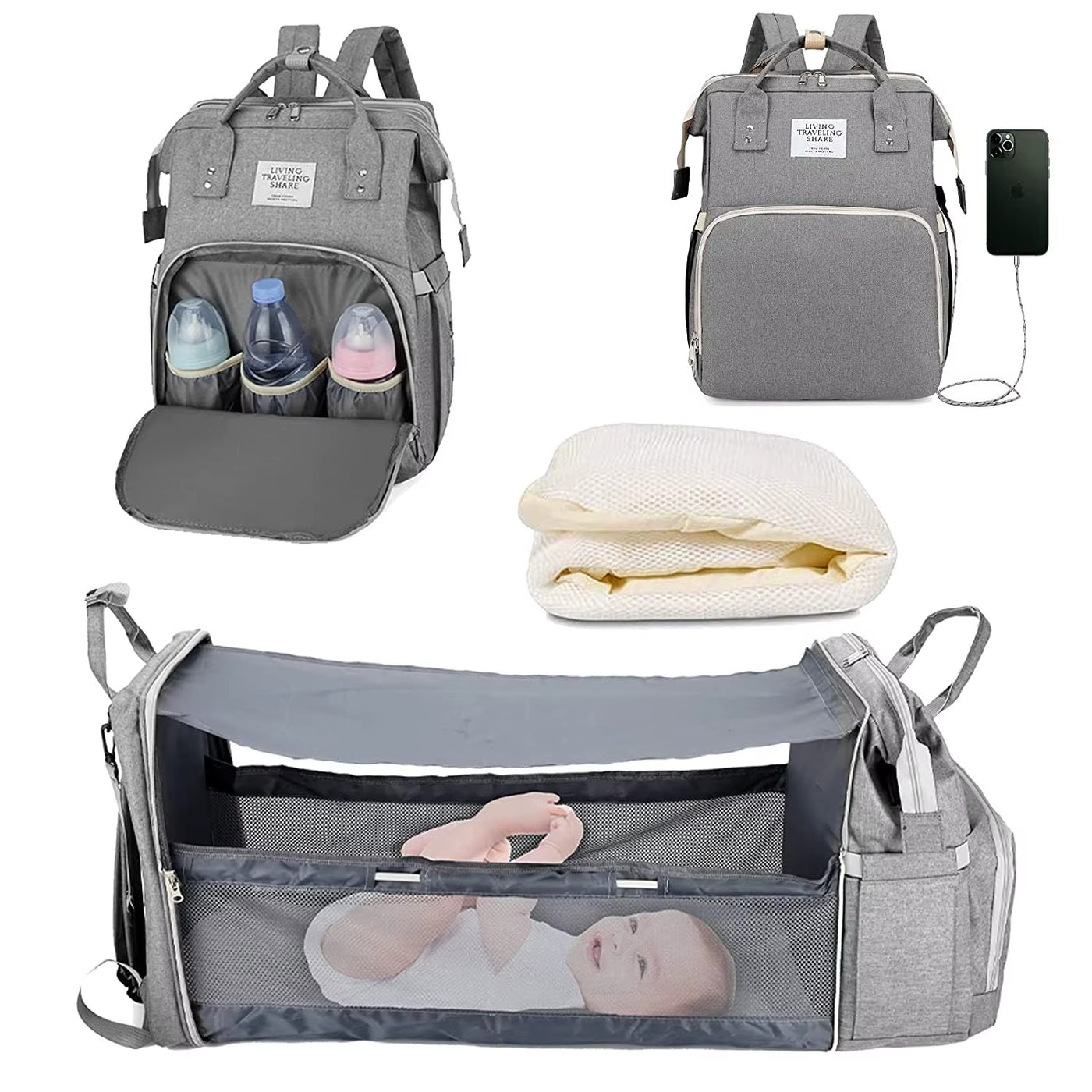 🎒 תיק חיתולים 3 ב-1 – תיק גב + מיטה ניידת + תחנת טעינה