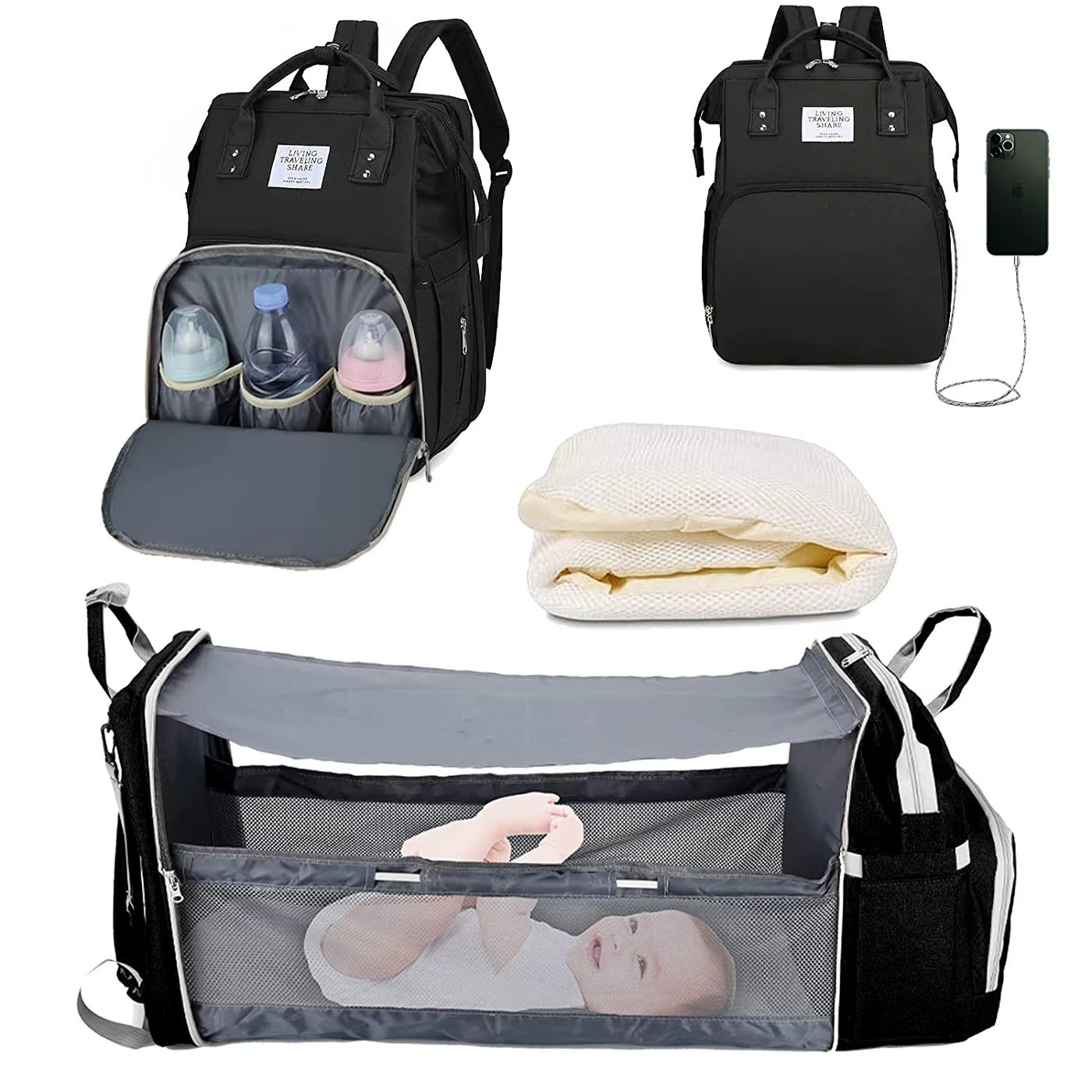 🎒 תיק חיתולים 3 ב-1 – תיק גב + מיטה ניידת + תחנת טעינה