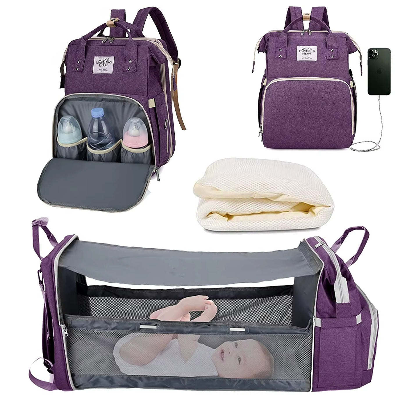🎒 תיק חיתולים 3 ב-1 – תיק גב + מיטה ניידת + תחנת טעינה