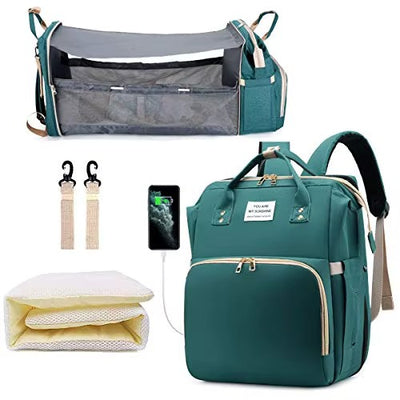🎒 תיק חיתולים 3 ב-1 – תיק גב + מיטה ניידת + תחנת טעינה